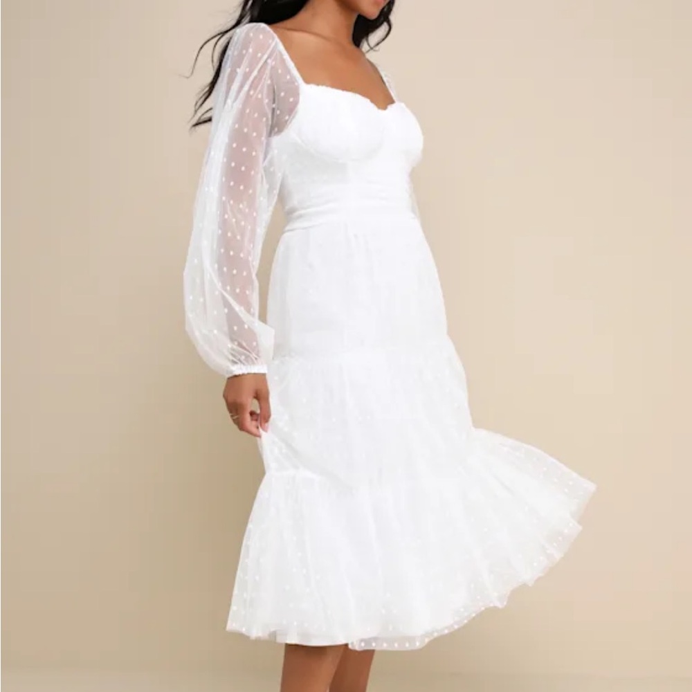 Lulus Affectionate Aura White Swiss Dot Tiered Bustier Midi Dress